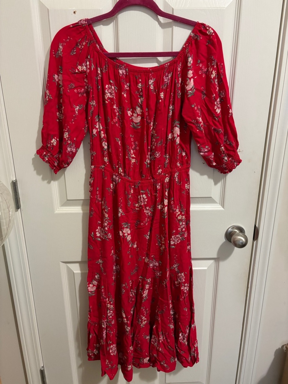H&M Red Floral Midi Dress- Off-Shoulder Peasant Style